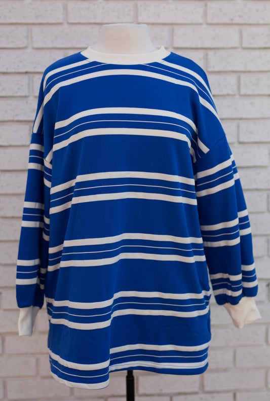 COASTAL BREEZE STRIPE SWEATSHIRT DRESS - BLUE