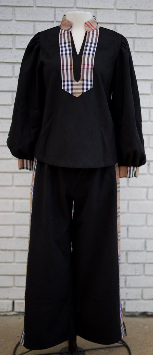 BLACK 3/4 PUFF SLEEVE TOP & PANTS WITH PLAID CONTRAST TRIM 2 PC SET