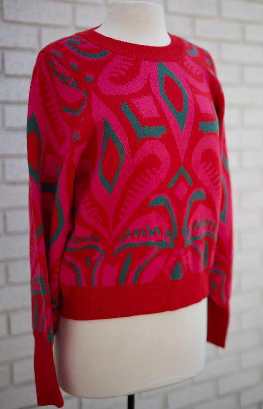RED MIX LONG PUFF SLEEVE ABSTRACT PATTERN SWEATER