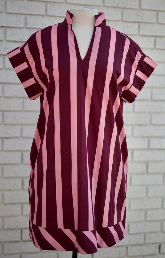 PLUM & PINK STRIPED COLLARED SHORT SLEEVE MINI DRESS