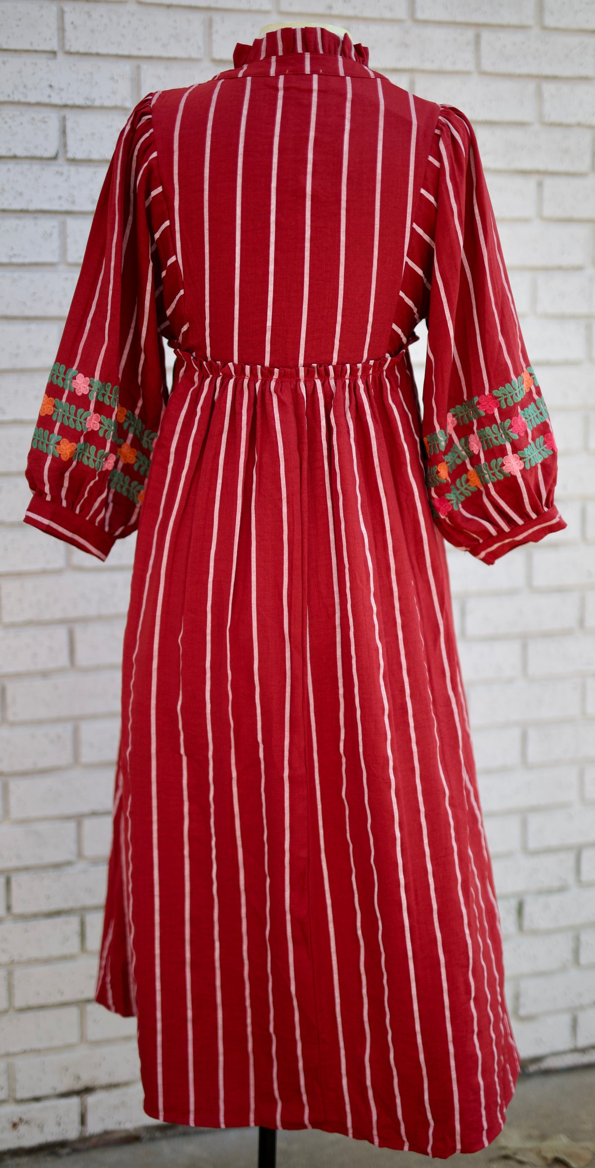 RED 3/4 PUFF SLEEVE PEASANT STILE STRIPED MIDI DRESS WITH EMBROIDERY