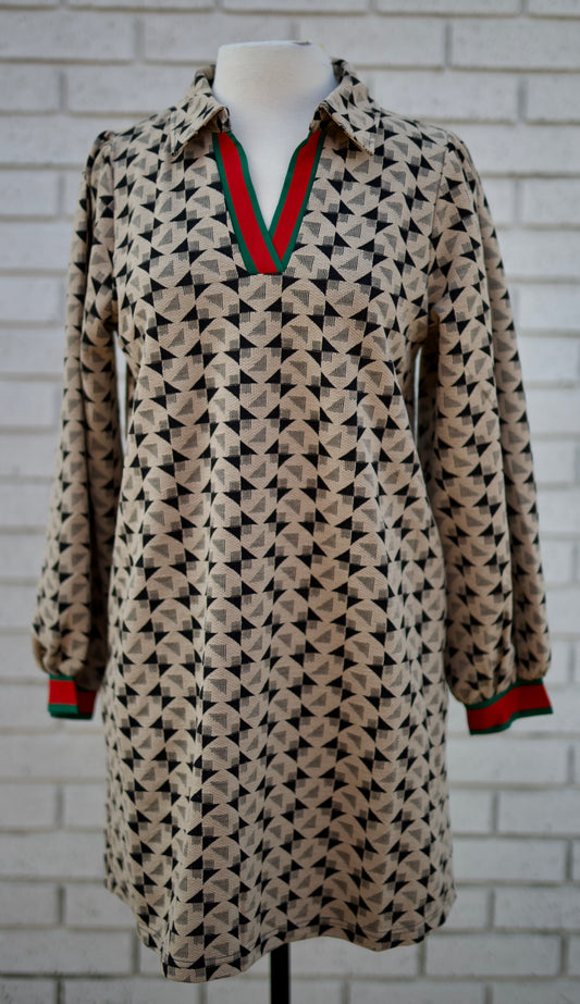 TAUPE LOG SLEEVE DRESS WITH GEOMETRIC PRINT & STRIPE CONTRAST TRIM