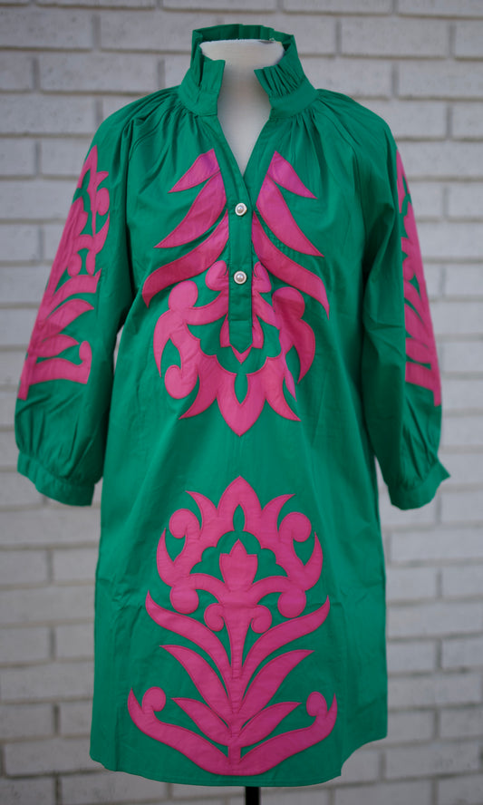 3/4 SLEEVE BAROQUE FLORAL SHIFT DRESS - ROSE/GREEN