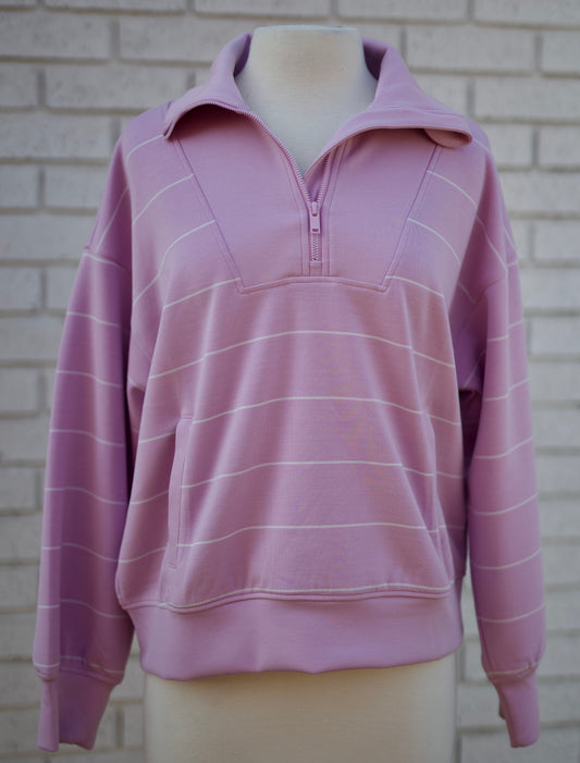 SPAN STRIPE QUARTER ZIP MOCK NECK PULLOVER - BLOSSOM/CREAM