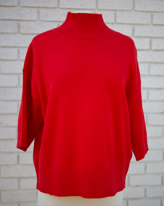 RED 3/4 SLEEVE MOCK TURTLENECK SWATER TOP