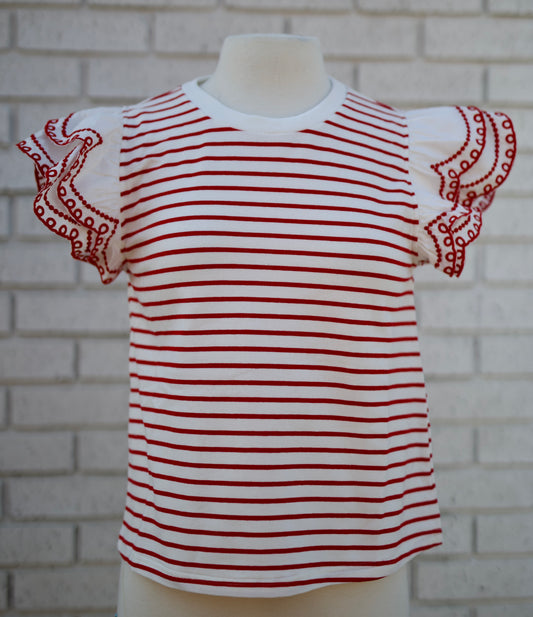 RED STRIPE FLUTTER SLEEVE TOP