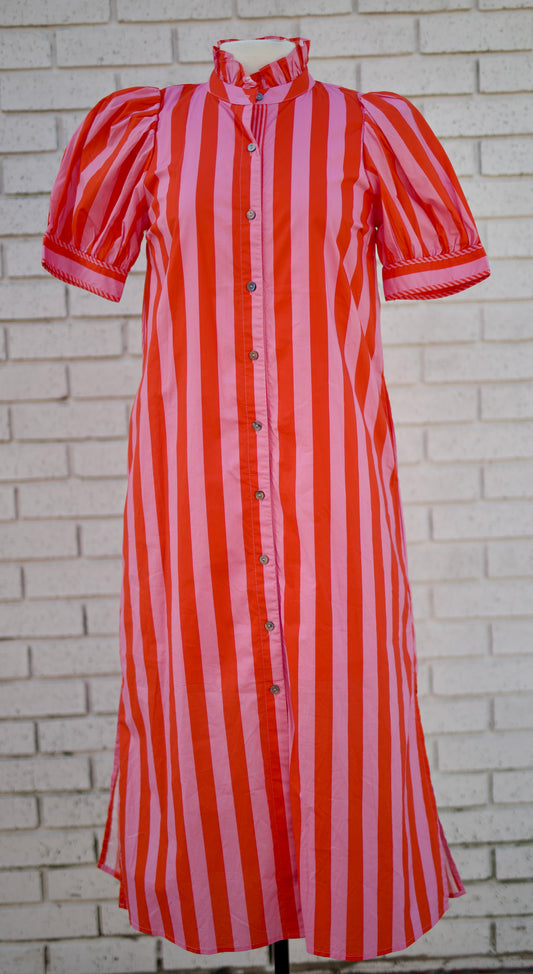 STRIPED PUFF SLEEVE BUTTON DOWN MIDI DRESS