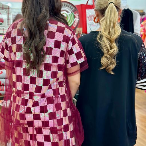 Maroon/White Mesh Overlay Checkered Tee Dress