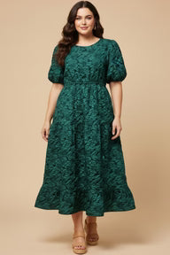 PUFF SLEEVE FLORAL JACQUARD MIDI DRESS - TEAL