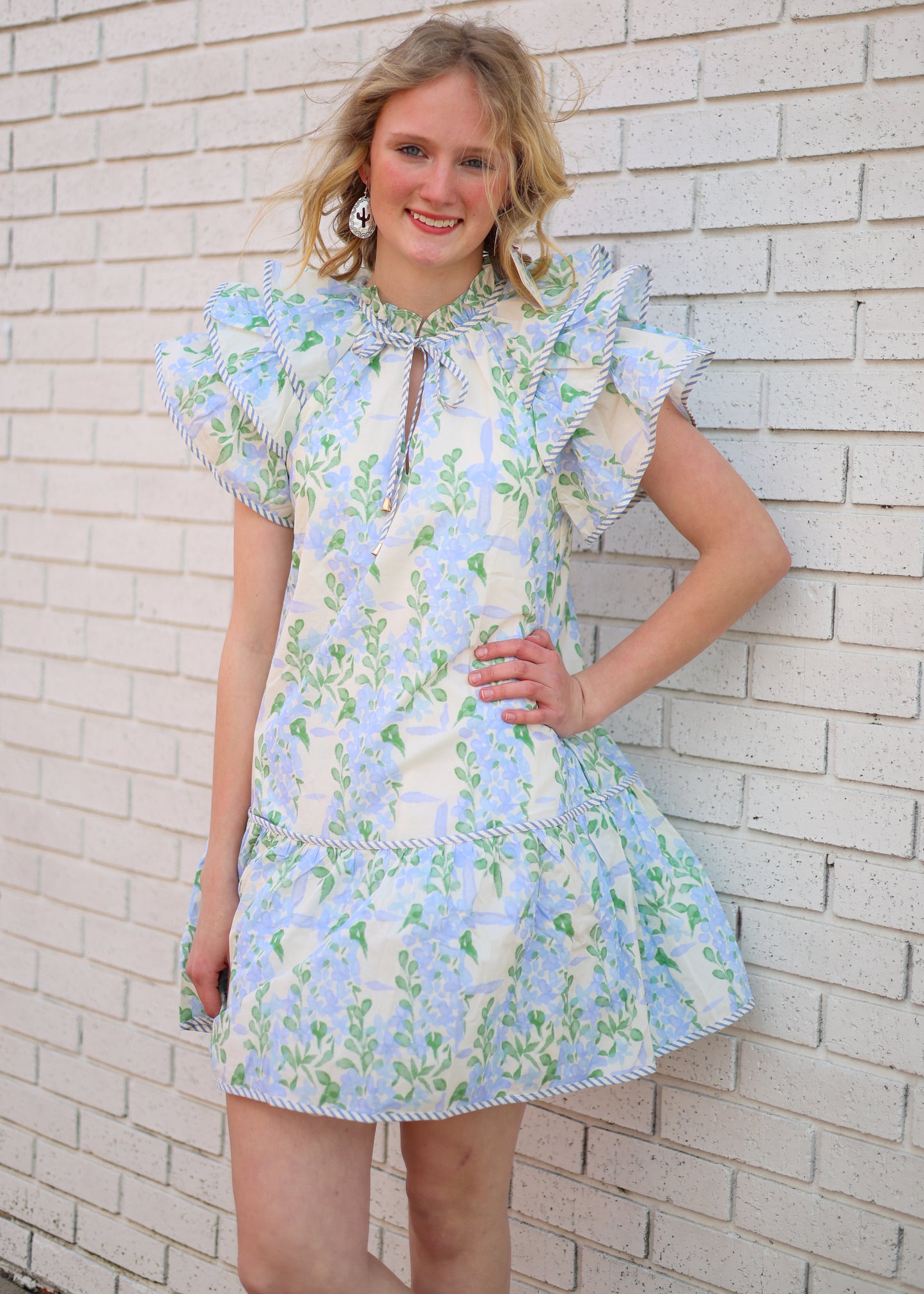 BLUE FLORAL MINI DRESS W/STRIPED TRIM