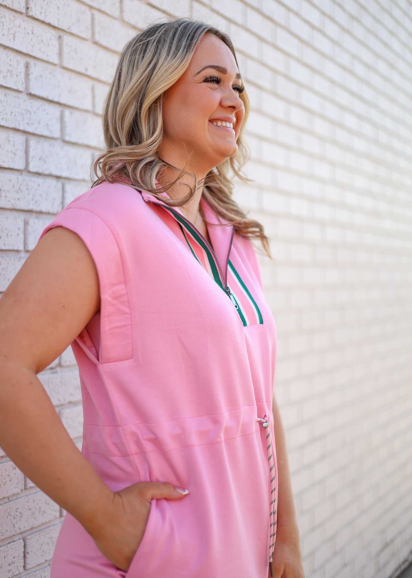 PINK WITH GREEN & WHITE TRIM DRAWSTRING WAIST DRESS