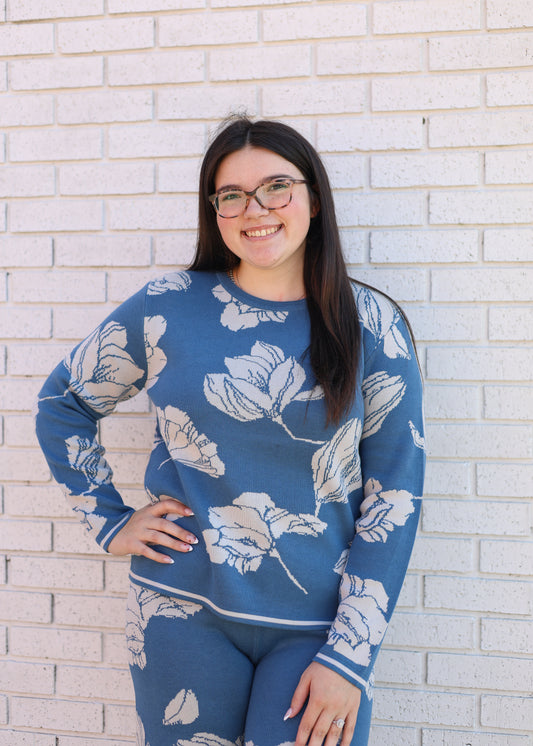 BLUE JACQUARD 2PC SWEATER & PANT SET