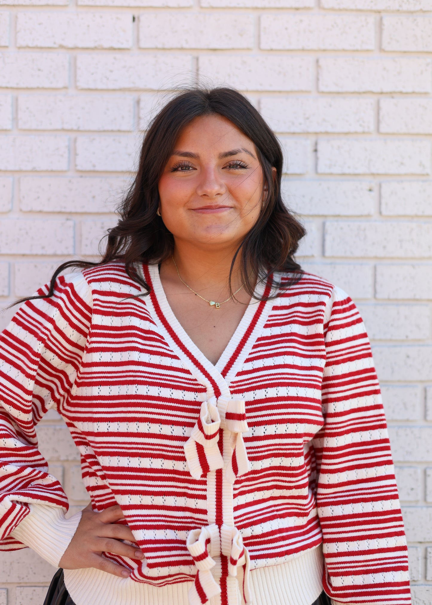 RED & CREAM STRIPE CARDIGAN WITH BOWS ON FRONT