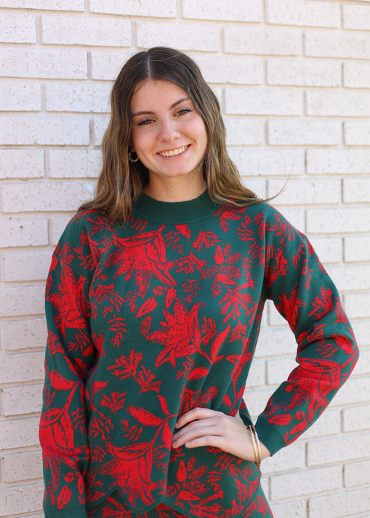 GREEN & RED JACQUARD 2PC SWEATER & PANT SET