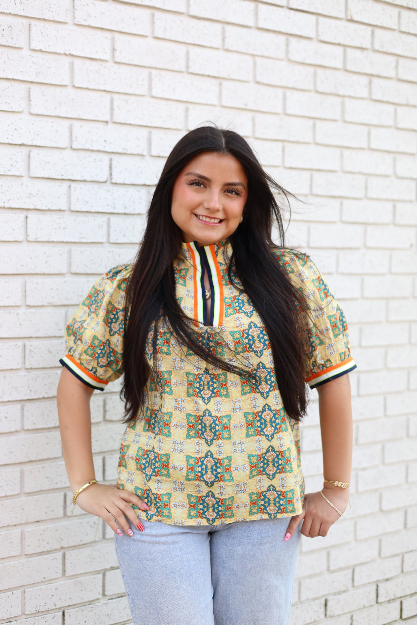 Multi Color Striped Detailed Embroidered Print Top