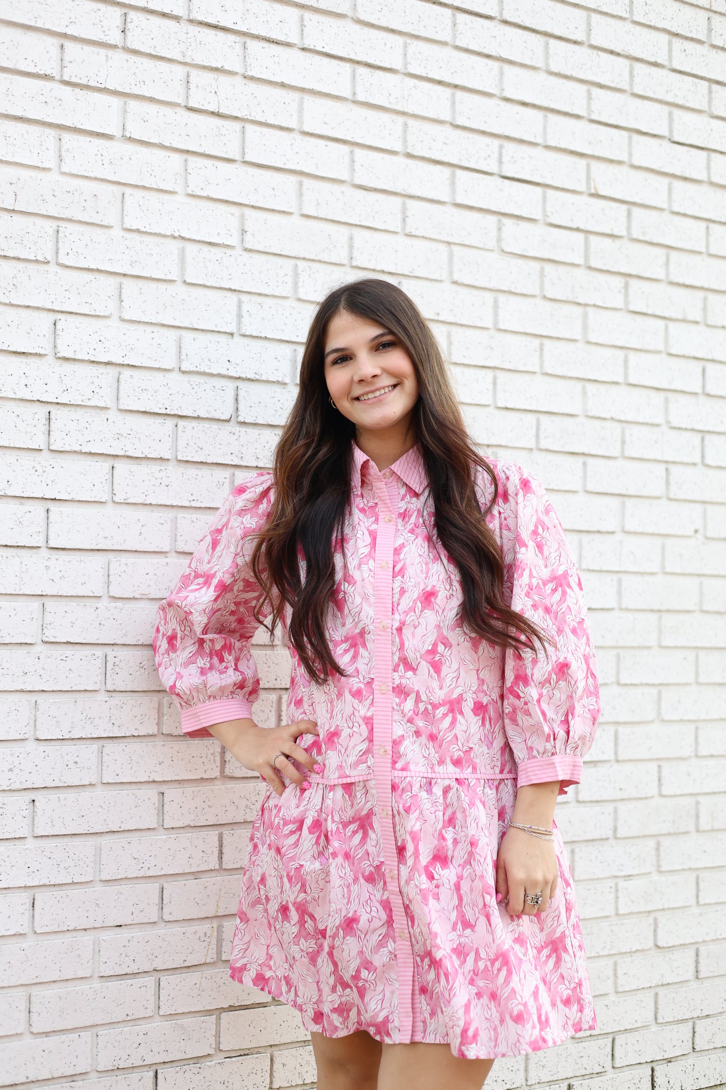 3/4 SLEEVE BUTTON DOWN DRESS WITH STRIPE DETAIL - FUCHSIA