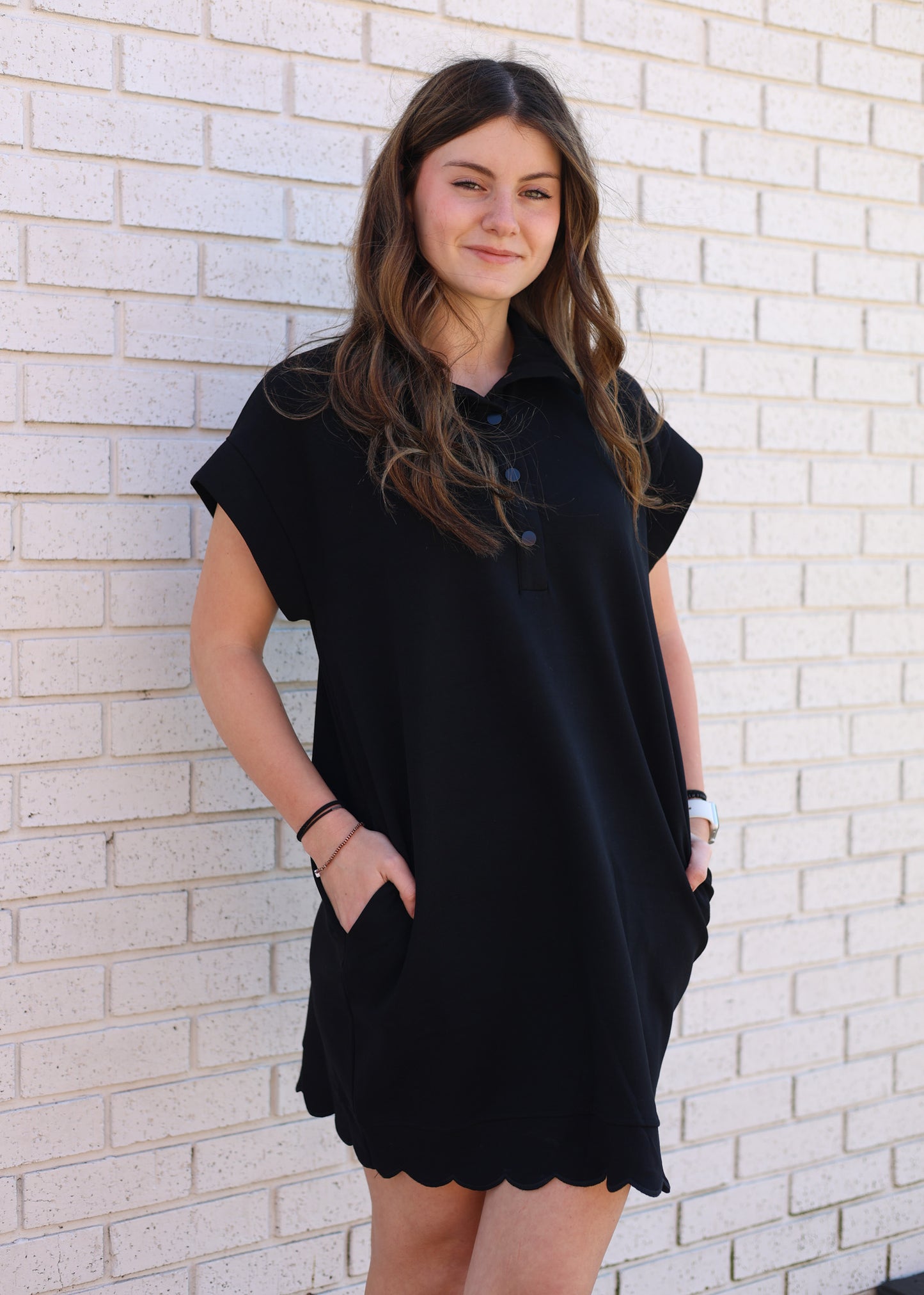 BLACK JERSEY KNIT PULLOVER DRESS W/SCALLOPED ACCENT NECK & HEM