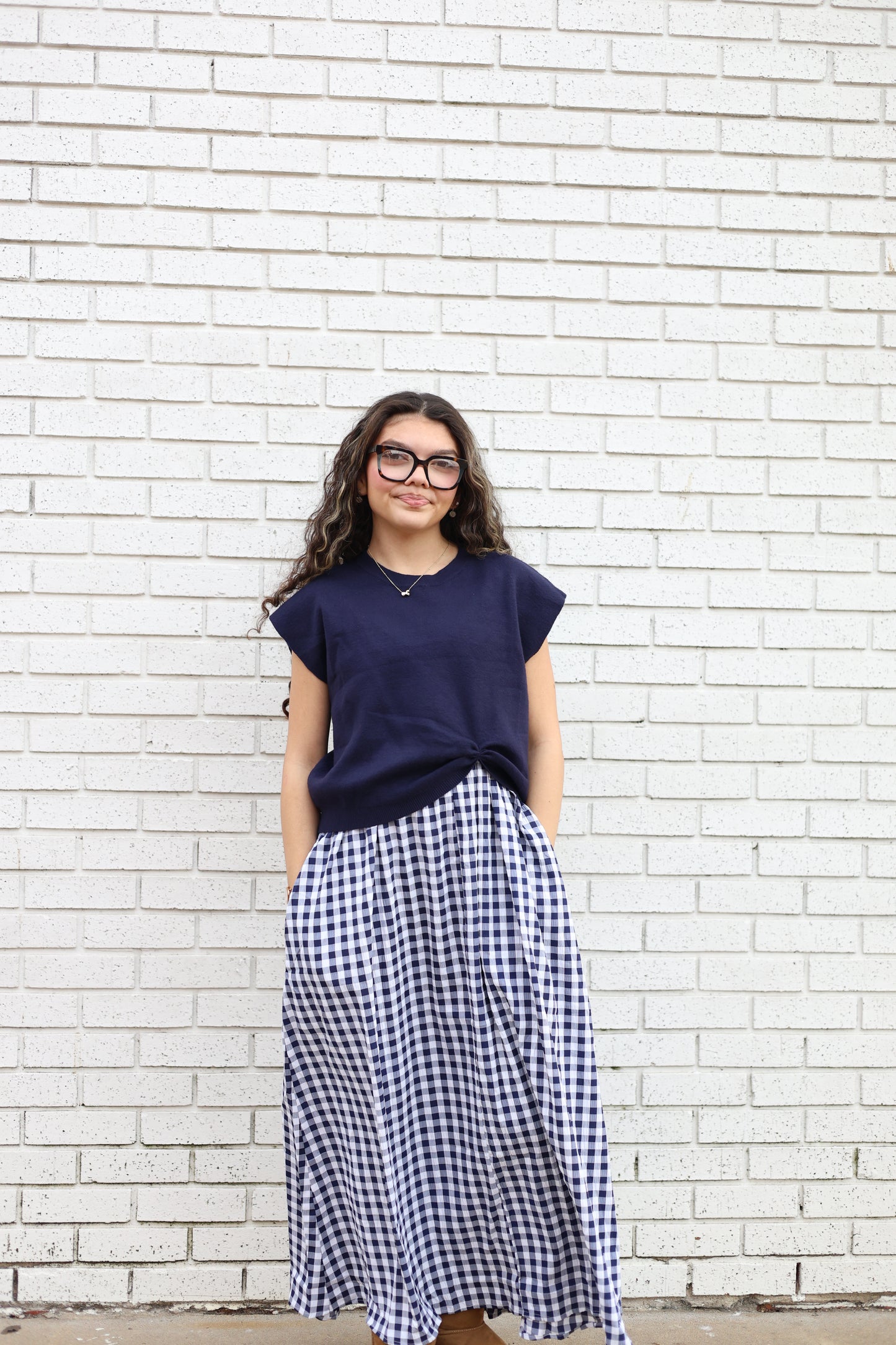 GINGHAM DRESS WITH NAVY KNIT TOP - 2 PC. SET