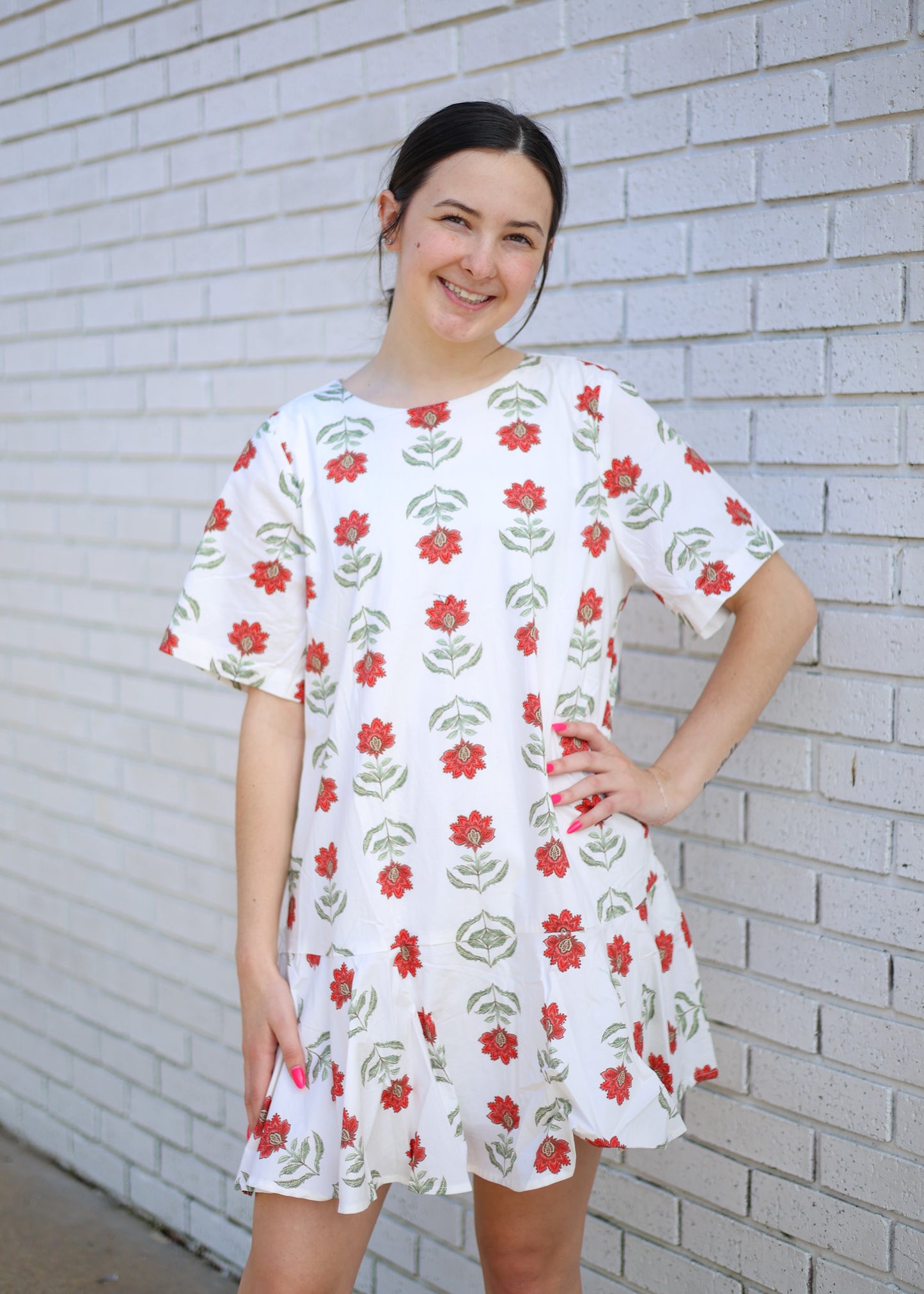 CREAM FLORAL PRINT SHORT SLEEVE RUFFLE HEM MINI DRESS