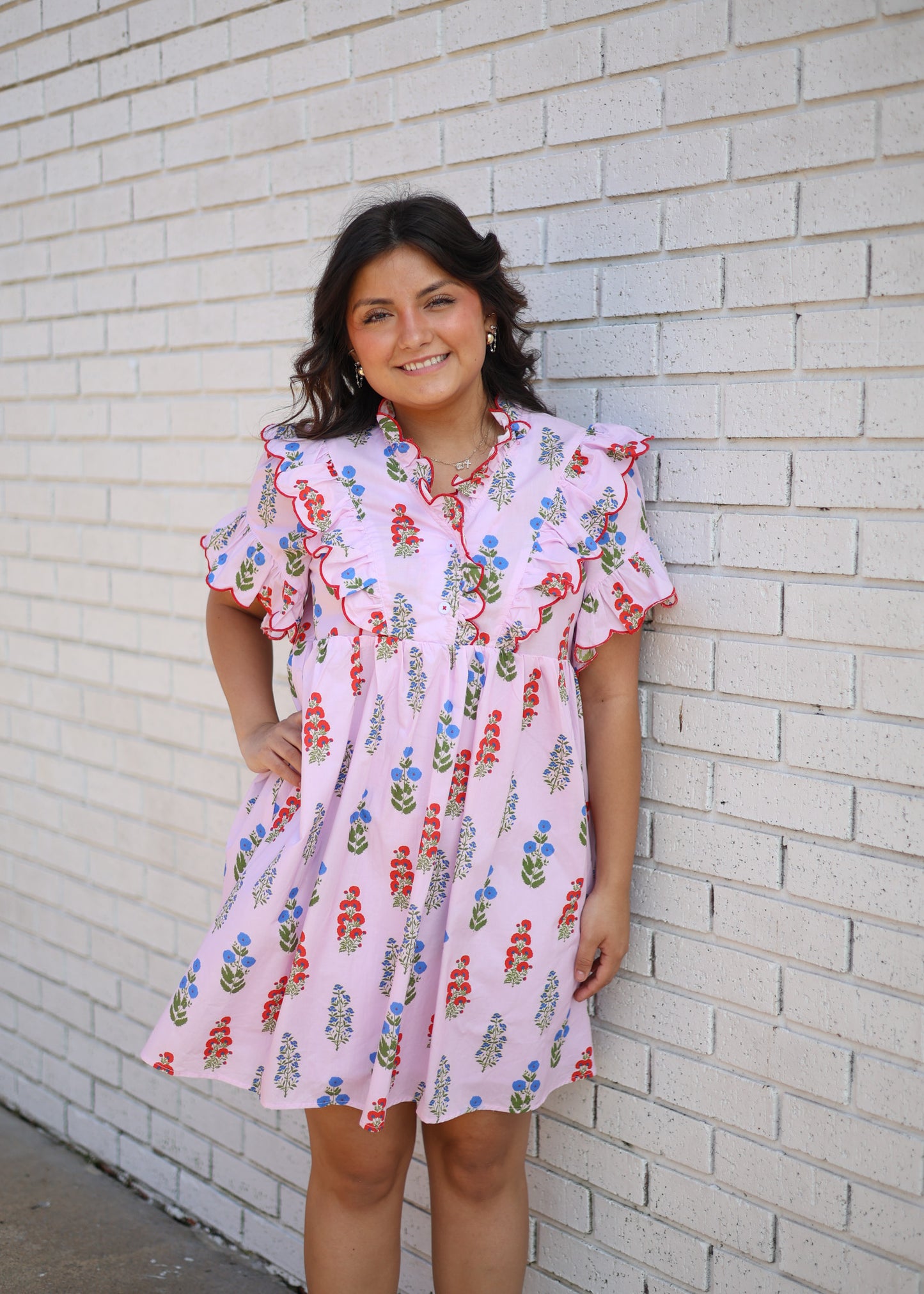 LAVENDER MIX FLORAL MINI DRESS W/RED SCALLOP RUFFLE & TRIM