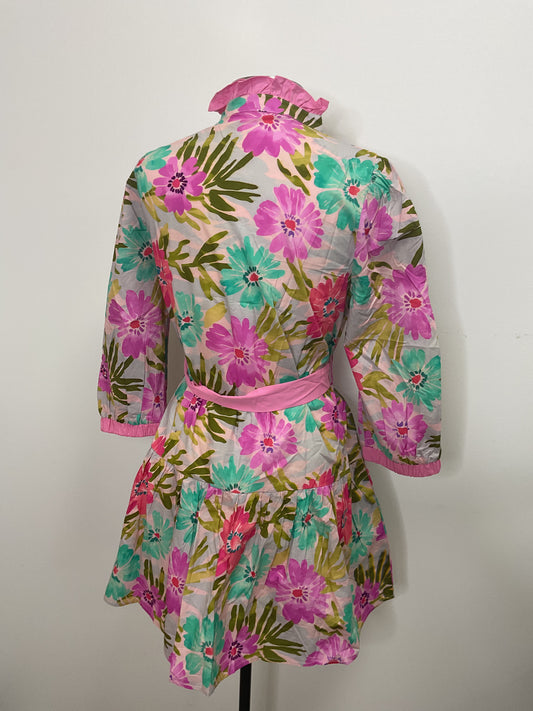 3/4 SLEEVE TIERED FLORAL WITH WAIST TIE - PINK MIX