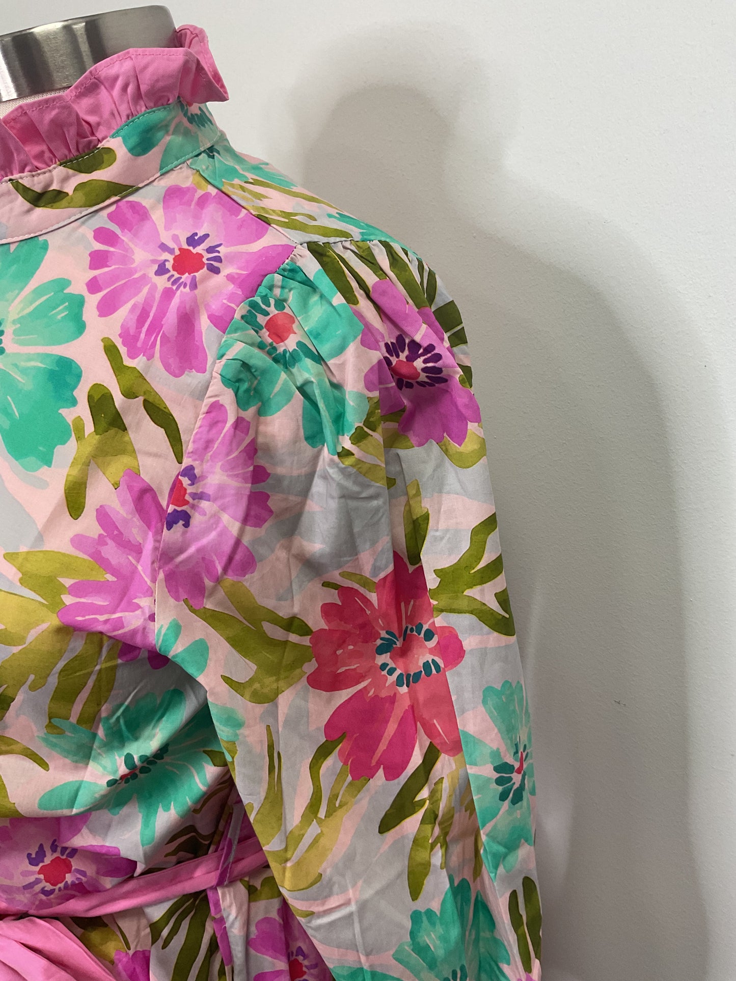 3/4 SLEEVE TIERED FLORAL WITH WAIST TIE - PINK MIX