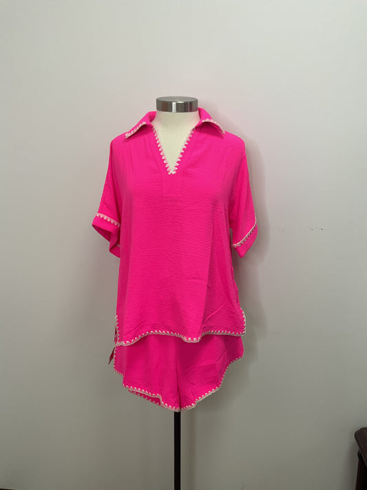 HOT PINK WITH SCALLOP EMBROIDERY DETAIL 2 PC. SHORT SET