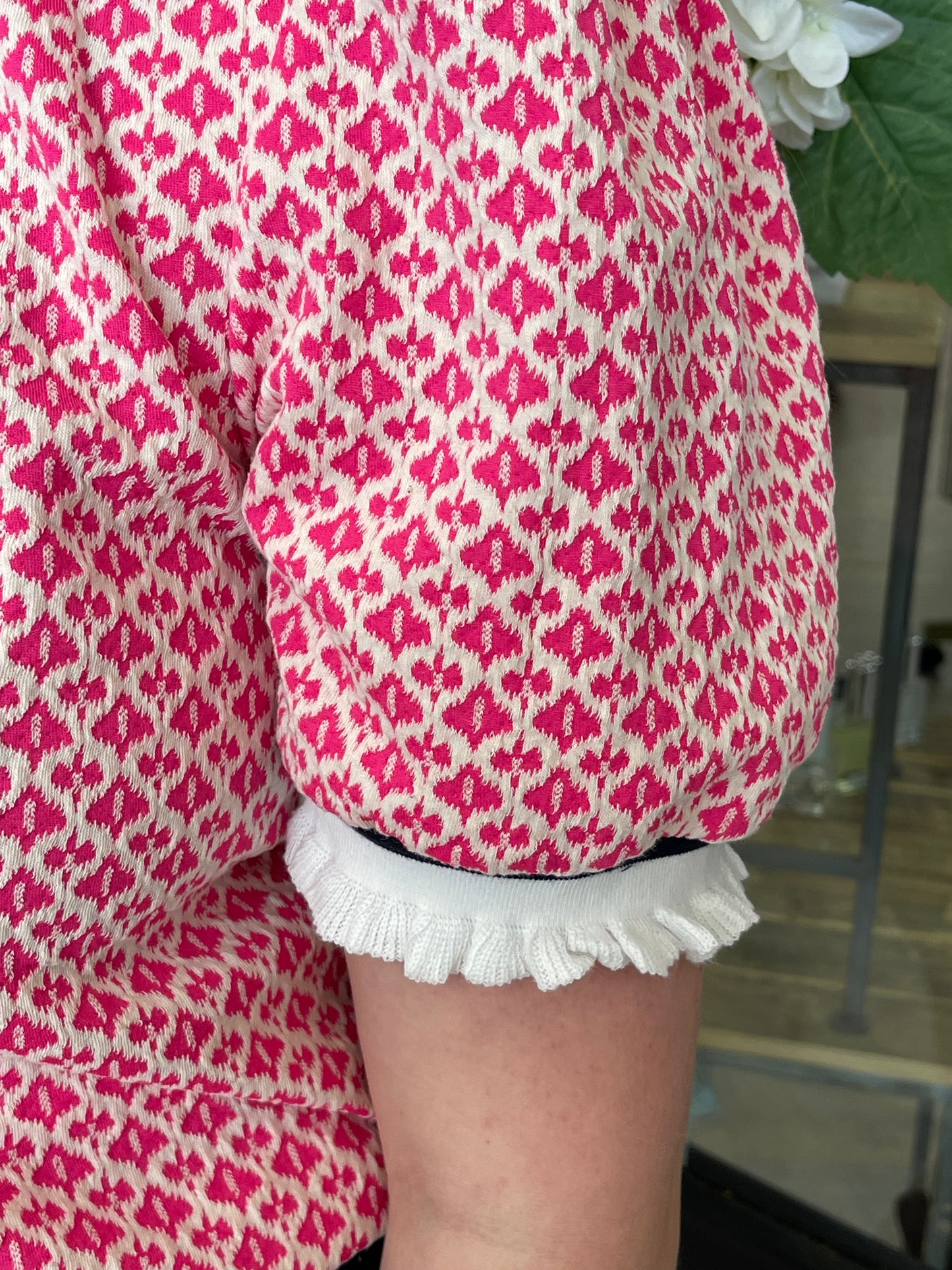 Pink Knit Patterned Top with White & Navy Striping - Pharm Favorites by Economy Pharmacy