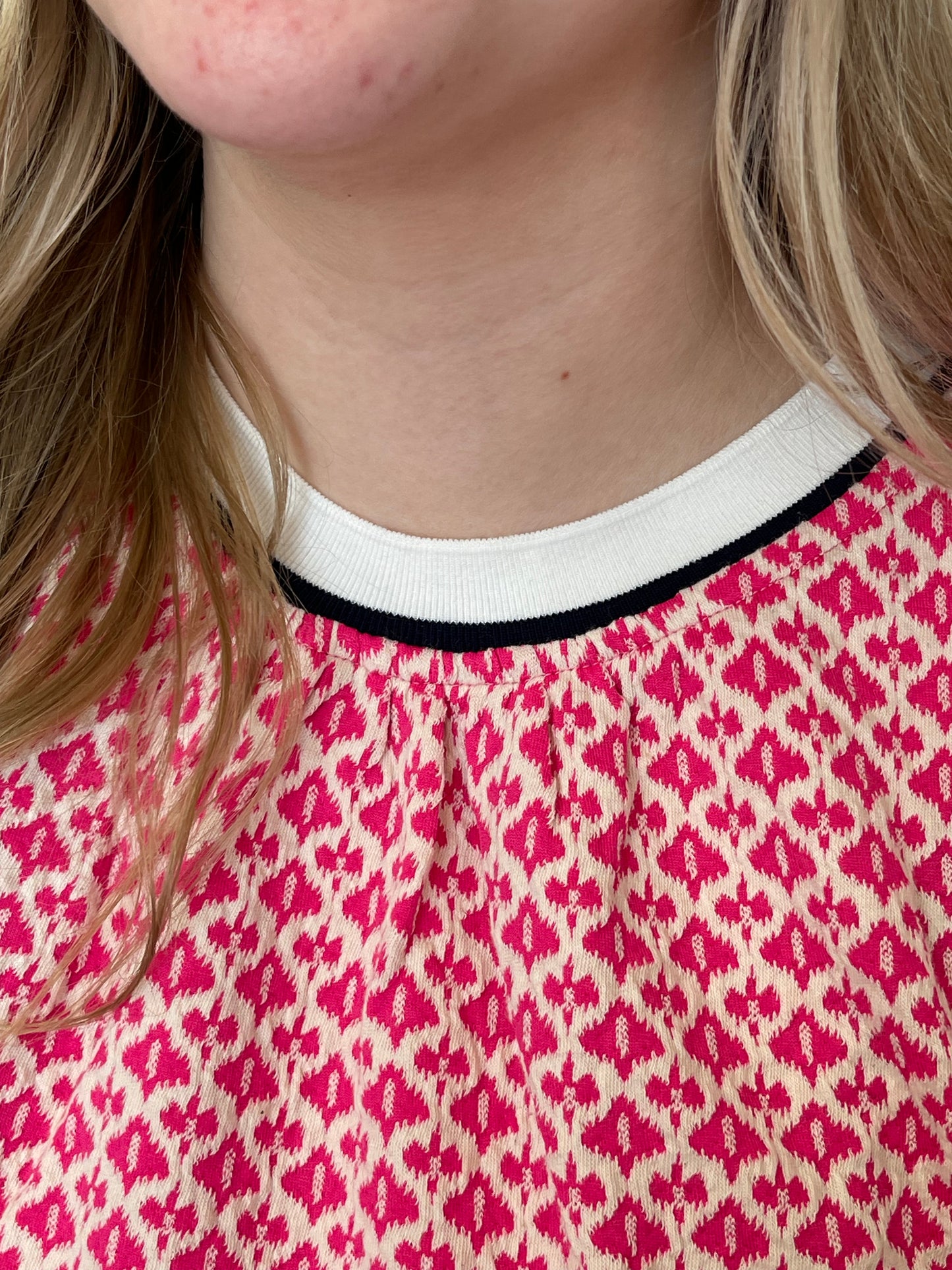 Pink Knit Patterned Top with White & Navy Striping