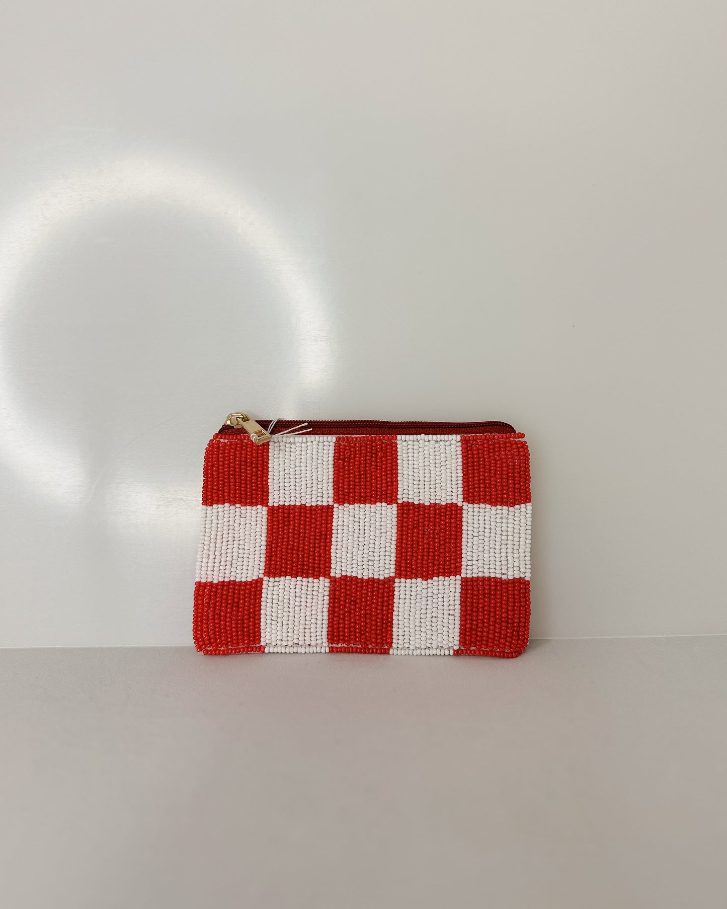 RED/WHITE CHECKED BEADED COIN PURSE