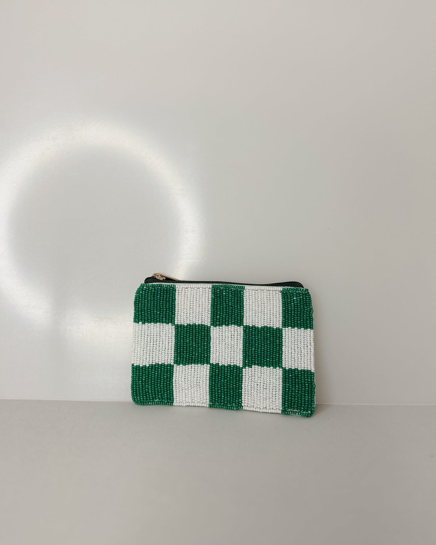 GREEN/WHITE CHECKED BEADED COIN PURSE