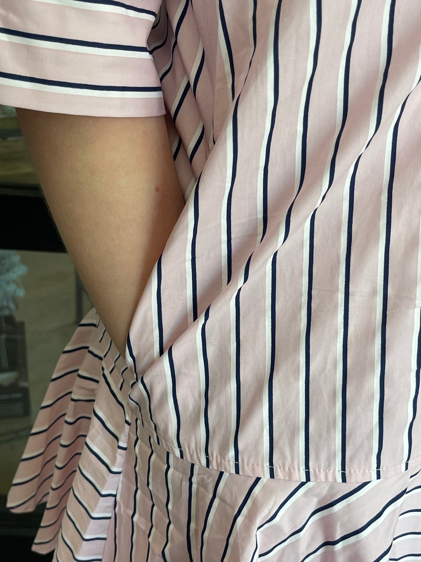 Light Pink Shirt Dress with Navy Blue Pinstripes
