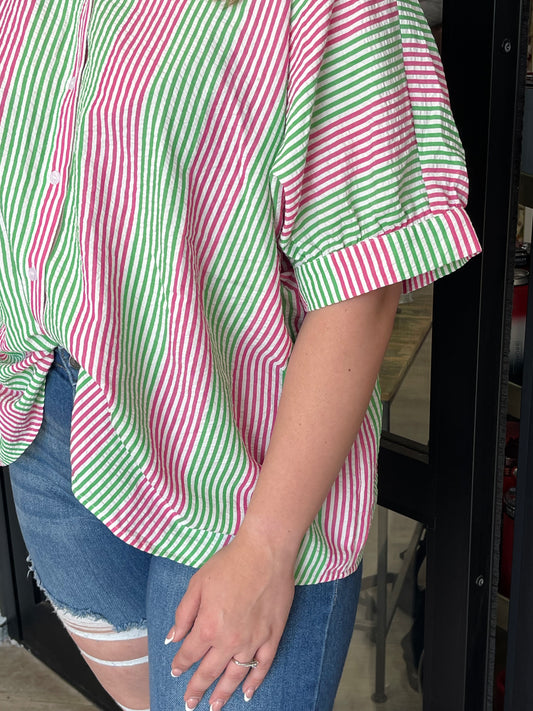 Pink & Green Striped Collared Top