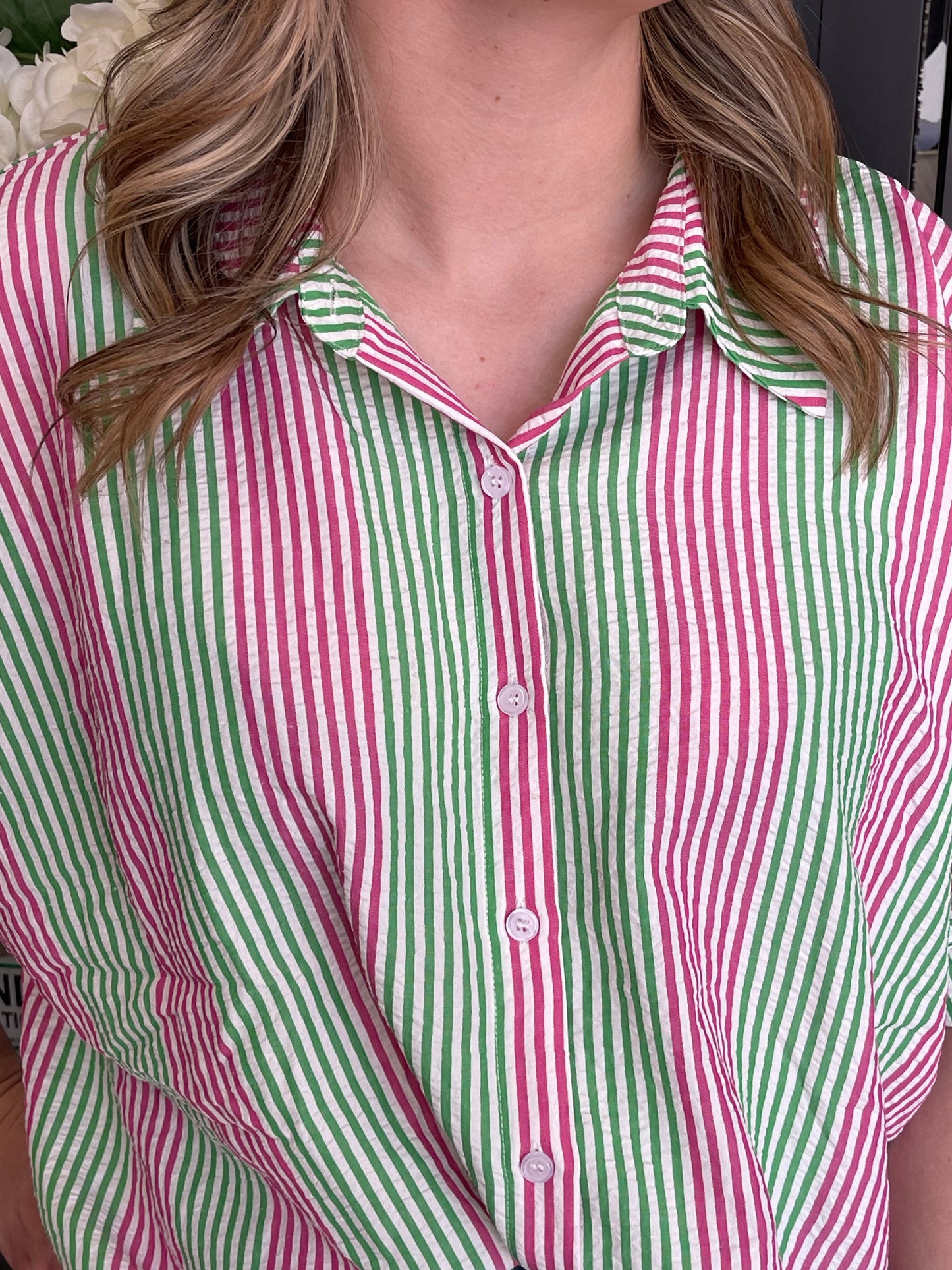 Pink & Green Striped Collared Top