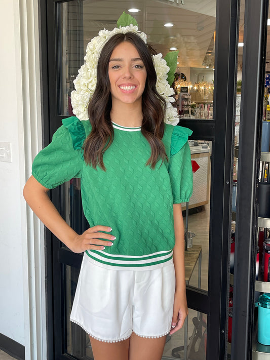 Green Knit Top with White Striping