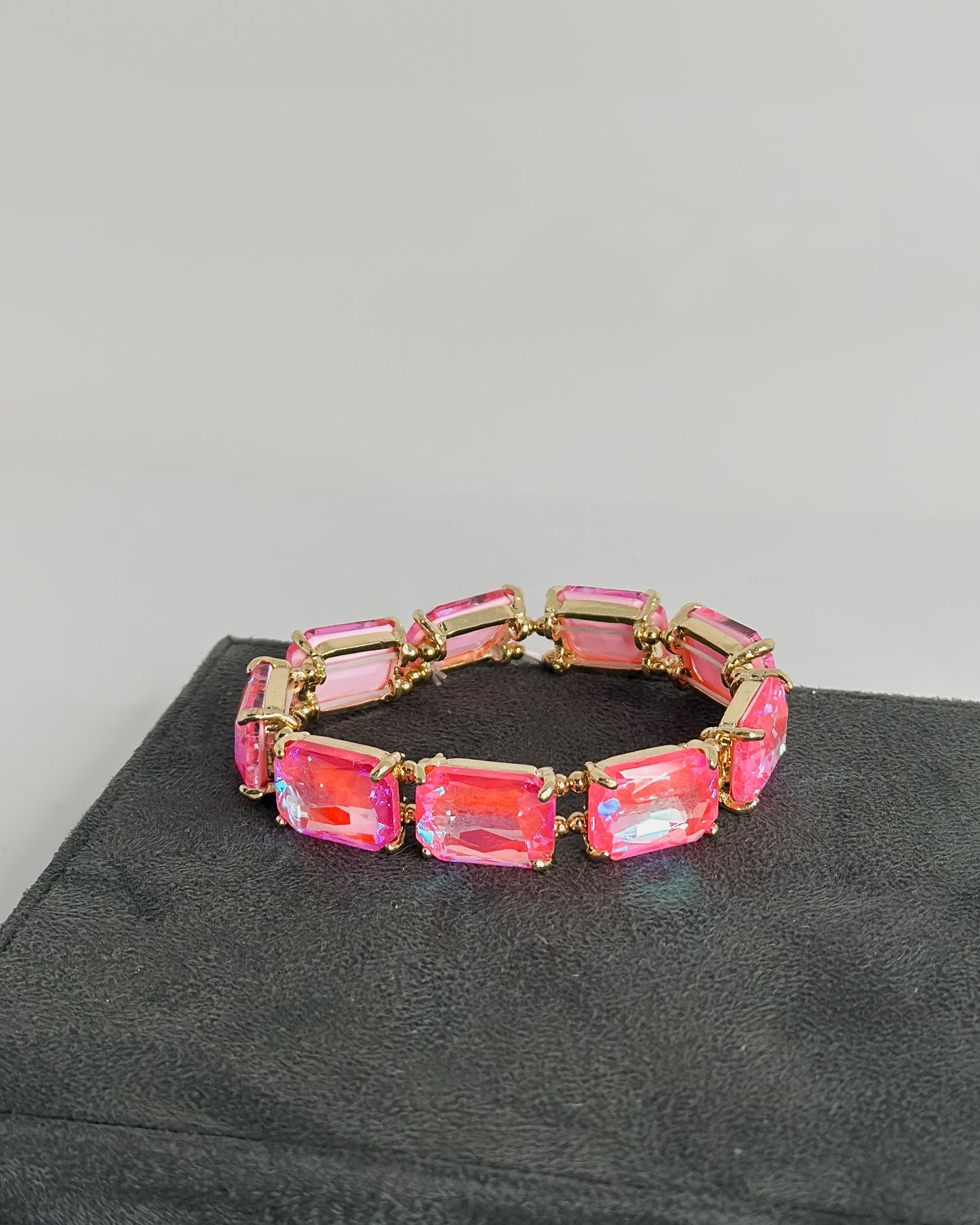 NEON PINK RECTANGLE RHINESTONE STRETCH BRACELET
