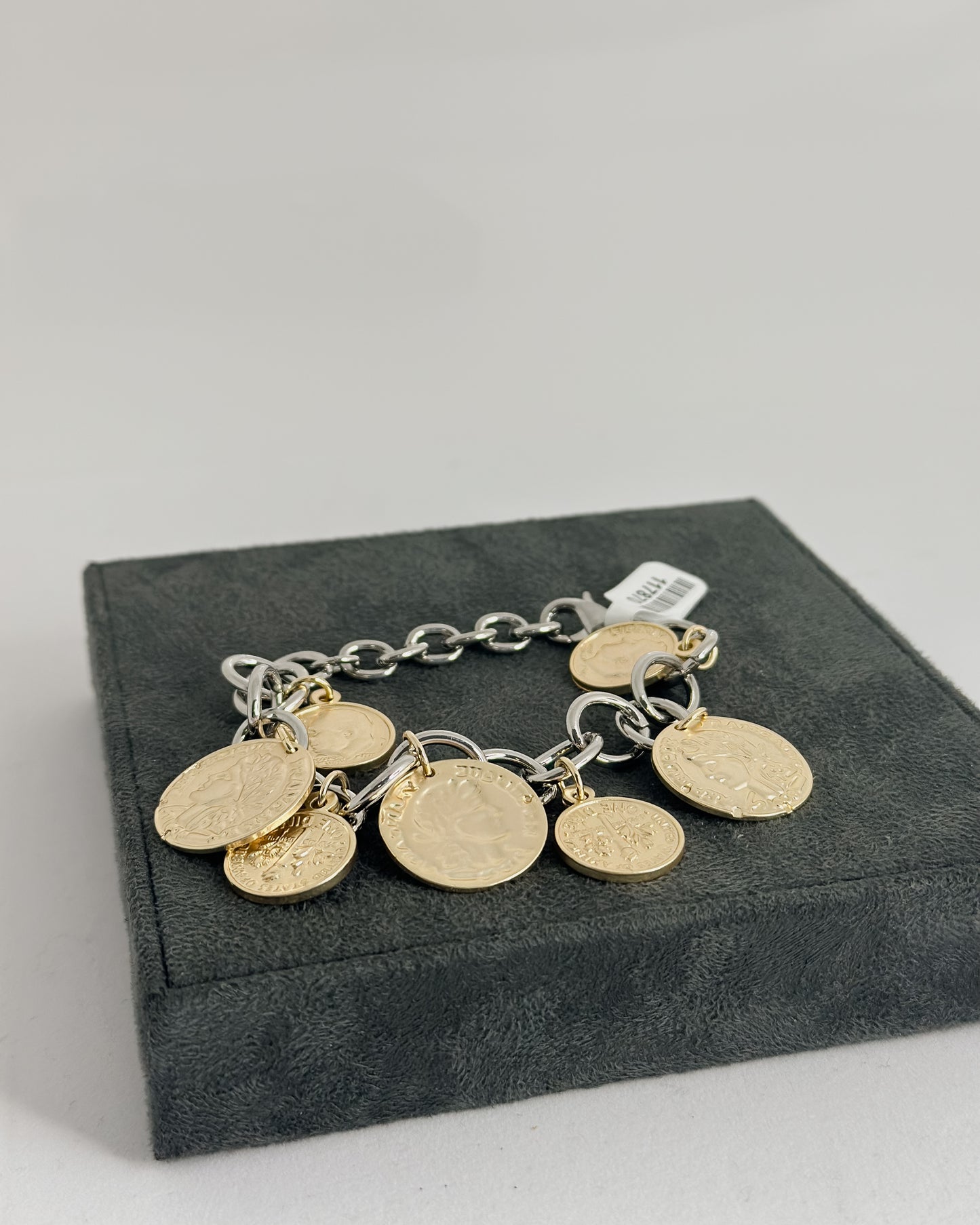 SILVER LINK BRACELET WITH GOLD COIN CHARMS