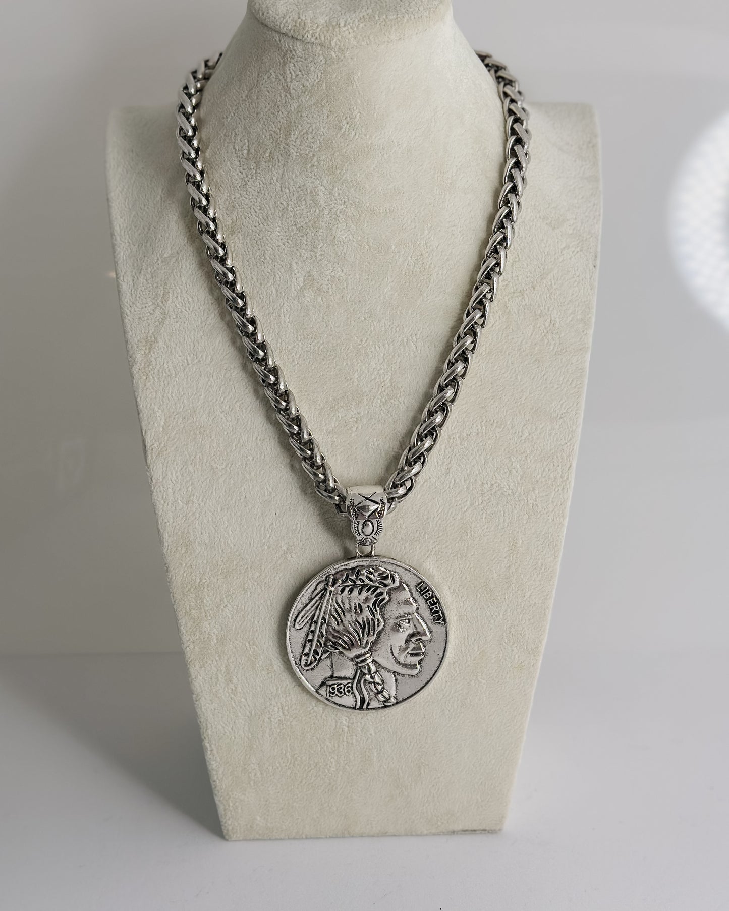 SILVER OVERSIZED BUFFALO NICKEL ON GOLD CHAIN NECKLACE