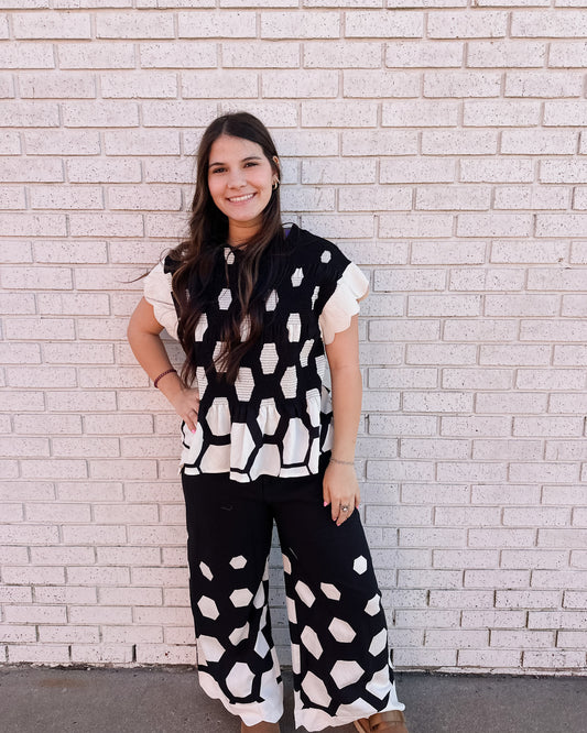 HEXAGON PRINT PEPLUM TOP AND PANT SET - Pharm Favorites by Economy Pharmacy