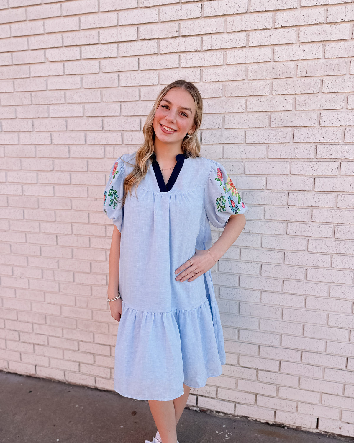 BLUE EMBROIDERED PUFF SLEEVE TIERED MINI DRESS - Pharm Favorites by Economy Pharmacy
