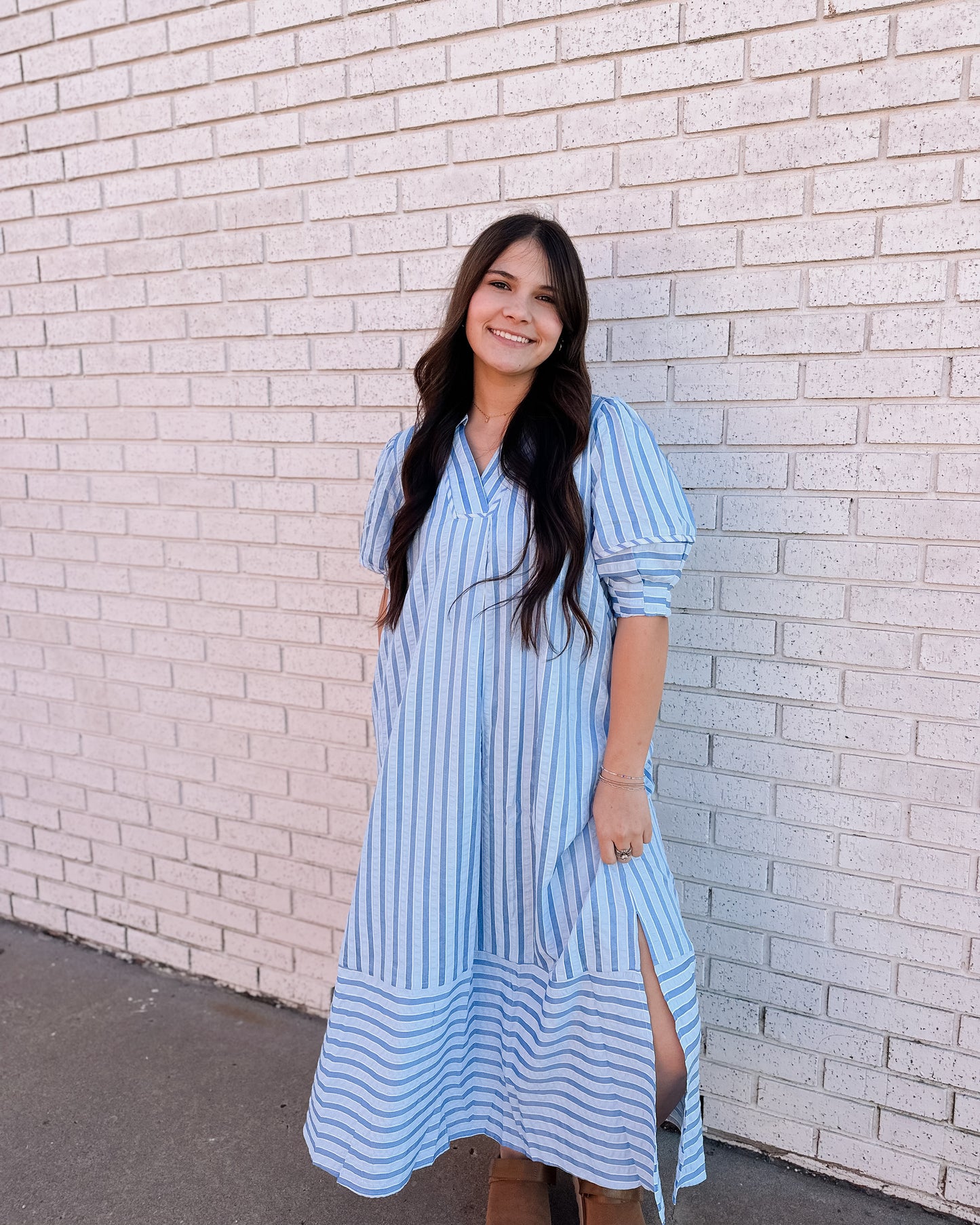 BLUE STRIPED PUFF SLEEVE MIDI DRESS - Pharm Favorites by Economy Pharmacy
