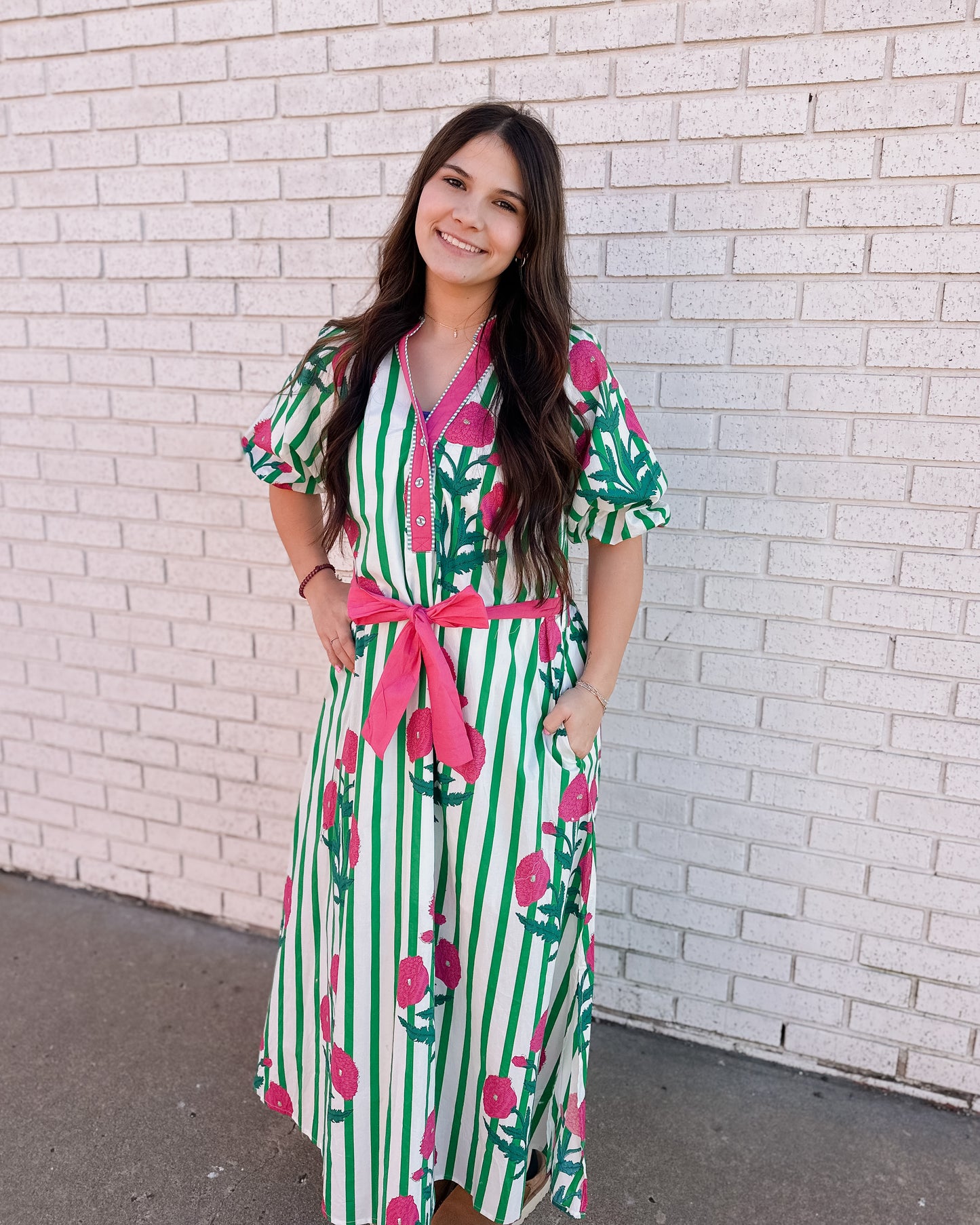 STRIPED GREEN AND PINK FLORAL MAXI DRESS WITH TIE WAIST - Pharm Favorites by Economy Pharmacy