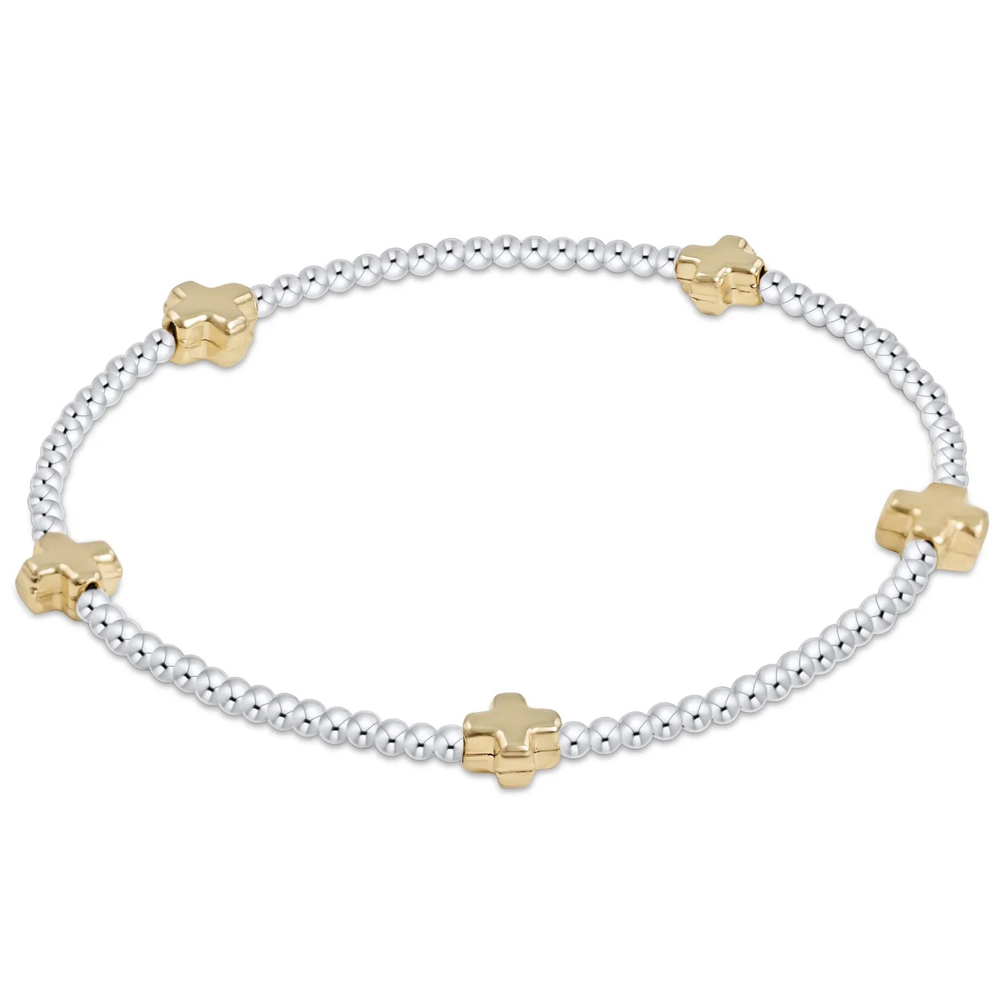 SIGNATURE CROSS SMALL STERLING MIXED METAL PATTERN 2MM BEAD BRACELET - GOLD