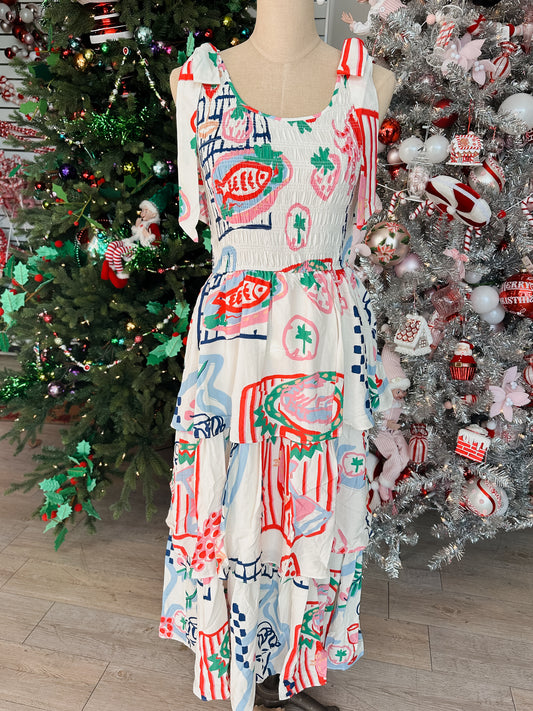 WHITE/RED MULTI PRINTED SLEEVELESS MIDI DRESS