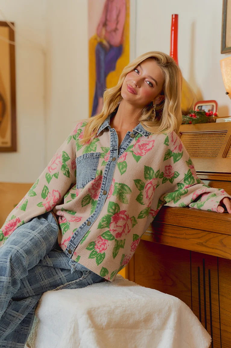 FLOWER PRINTED KNIT WITH DENIM COMBO CARDIGAN TOP - OATMEAL