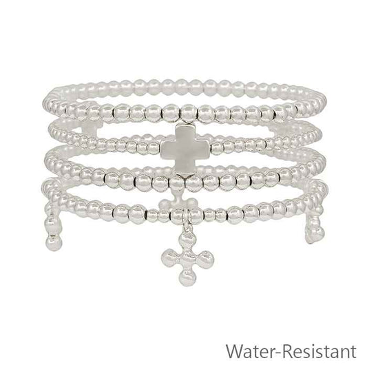 Water Resistant Set of 4 Silver Beaded with Silver Beaded Cross Charm Stretch Bracelets