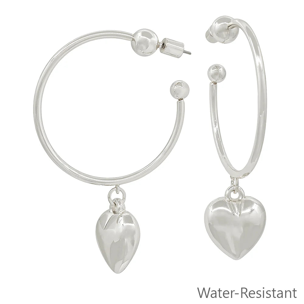 Water Resistant 2" Silver Hoop with Heart Earring