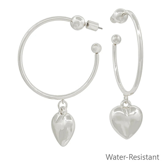 Water Resistant 2" Silver Hoop with Heart Earring