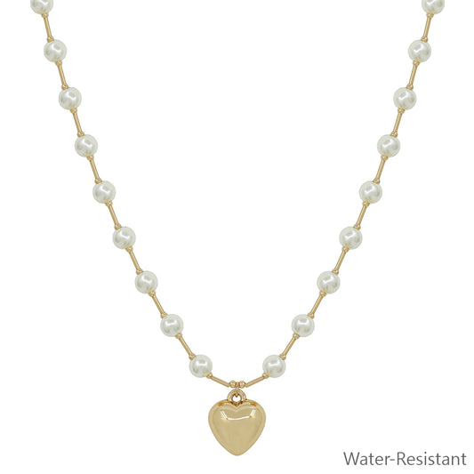 Water Resistant 6MM Pearl Beaded Chain with Puffy Heart 16"-18" Necklace