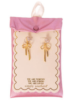 DELICATE RHINESTONE HEARTS WITH GOLD BOW DANGLE EARRINGS